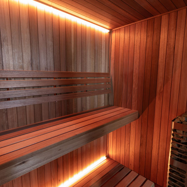 LeisureCraft CT Element Studio Indoor Sauna interior corner with lighting