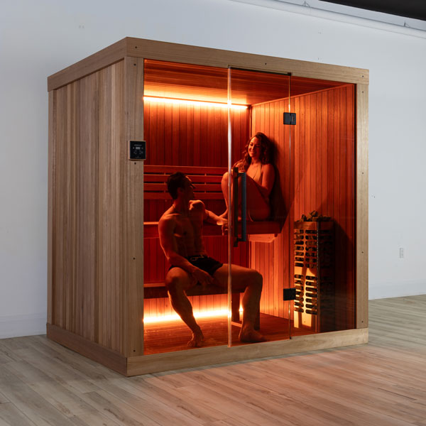 LeisureCraft CT Element Studio Indoor Sauna in use with the lighting on