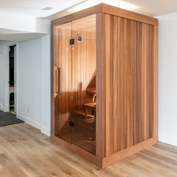 LeisureCraft CT Element Nook Indoor Sauna installed in a finished room