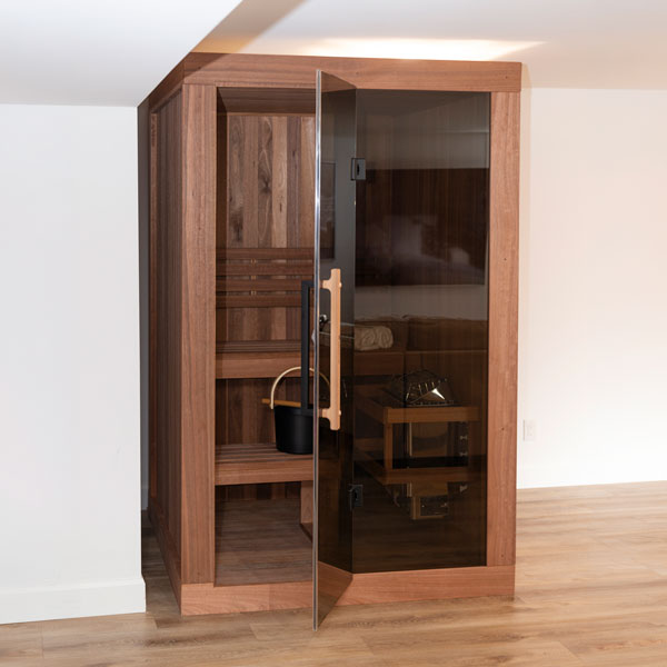 LeisureCraft CT Element Nook Indoor Sauna with the glass door open