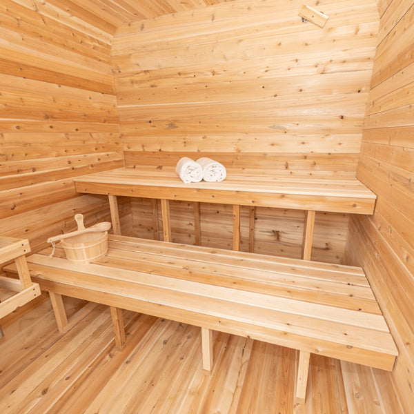 LeisureCraft CT Luna Sauna interior, two-tier benching