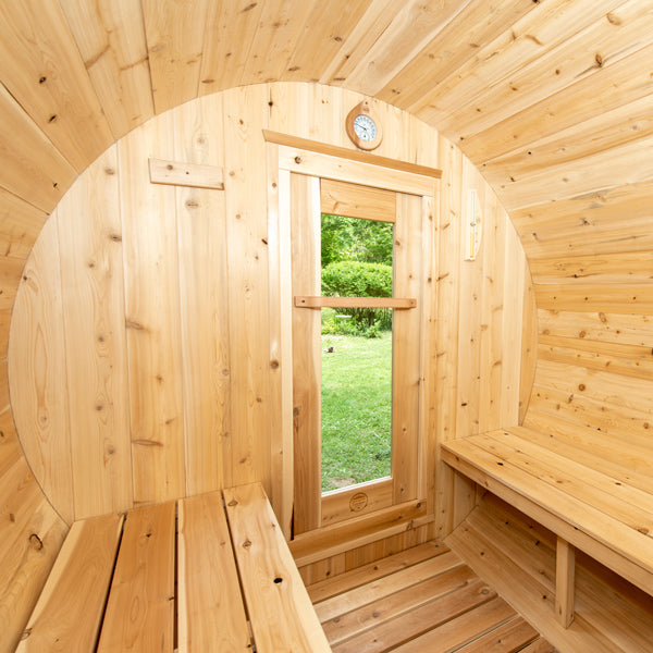 LeisureCraft CT Barrel Sauna interior looking toward the door window