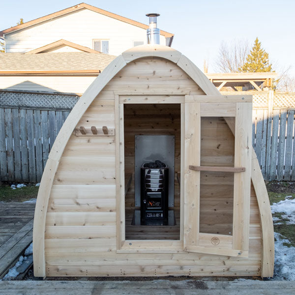 LeisureCraft CT MiniPOD Sauna exterior beside a home