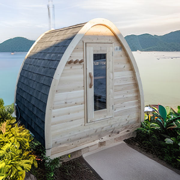 LeisureCraft CT MiniPOD Sauna on a lakeside deck