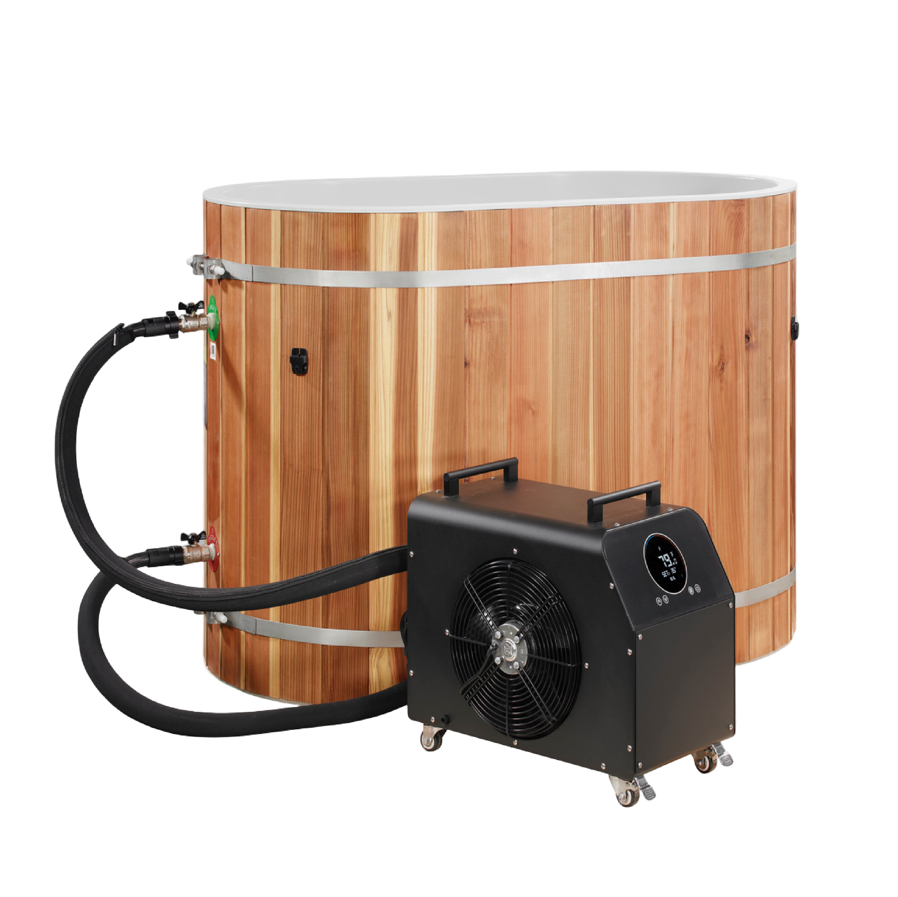 Dynamic Cold Therapy oval barrel cold plunge with 0.8 HP chiller