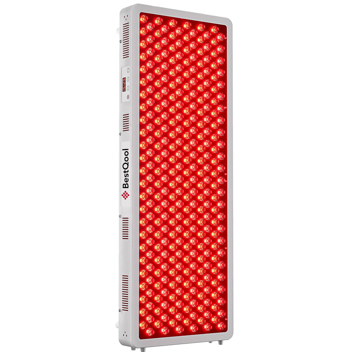 Bestqool Pro300 red light therapy panel, front view with all 300 diodes illuminated