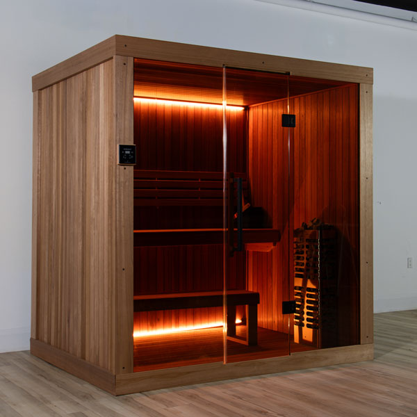 LeisureCraft CT Element Studio Indoor Sauna with interior lighting on