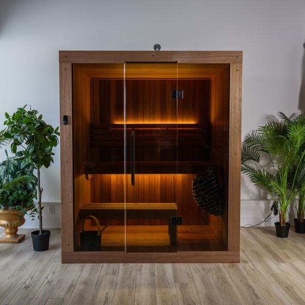 LeisureCraft CT Element Studio Indoor Sauna in a finished room