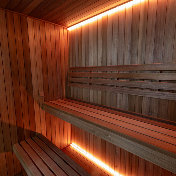 LeisureCraft CT Element Studio Indoor Sauna interior benching with backlighting