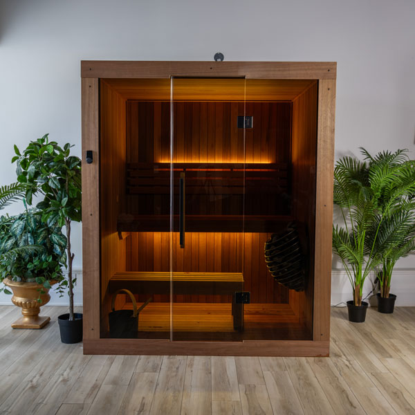 LeisureCraft CT Element Loft Indoor Sauna in a finished room