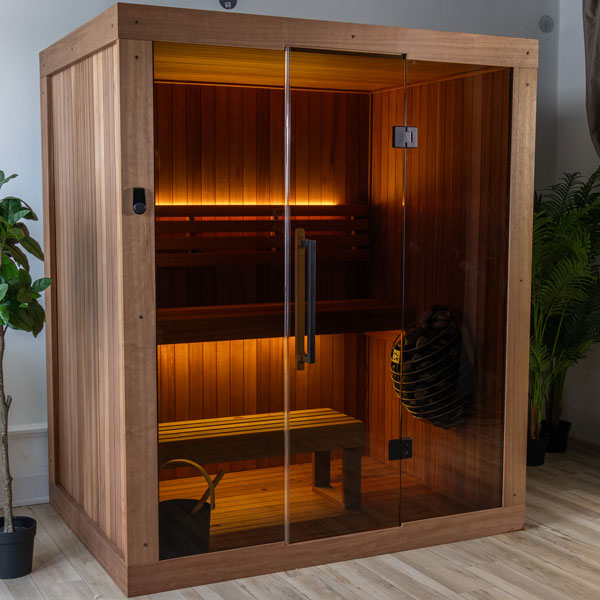LeisureCraft CT Element Loft Indoor Sauna, angled view with the glass door open