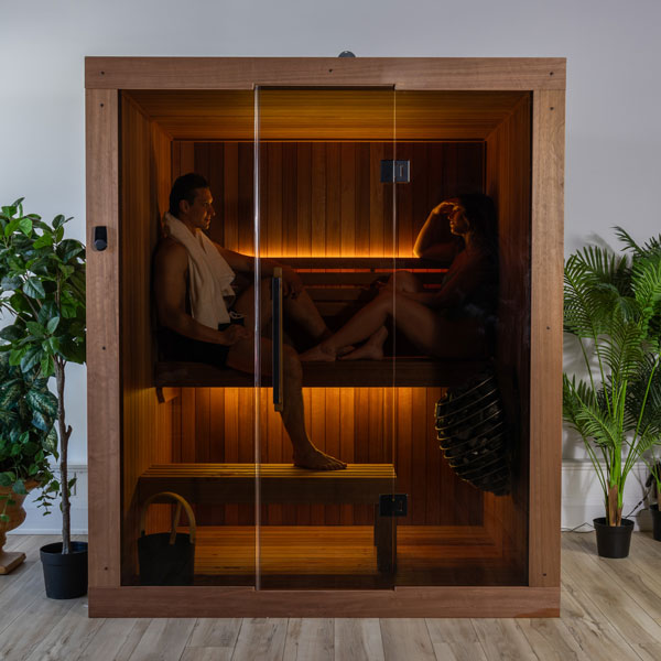 LeisureCraft CT Element Loft Indoor Sauna with interior lighting on