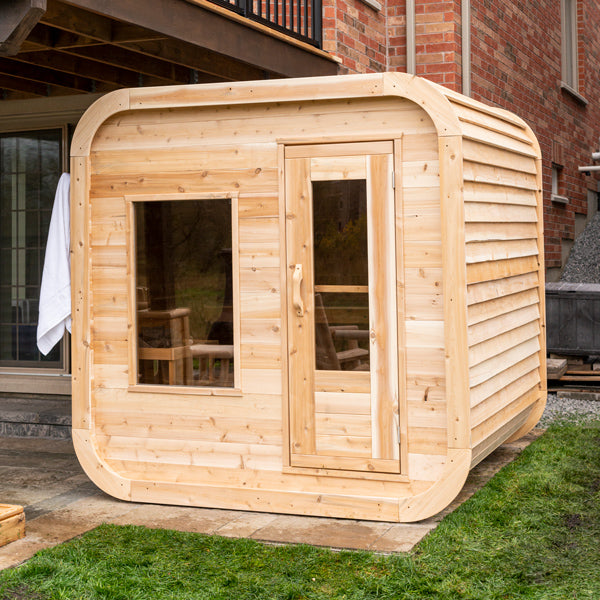 LeisureCraft CT Luna Sauna exterior beside a home