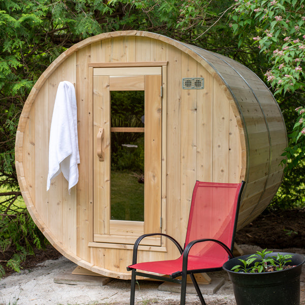 LeisureCraft CT Barrel Sauna, front view with window door