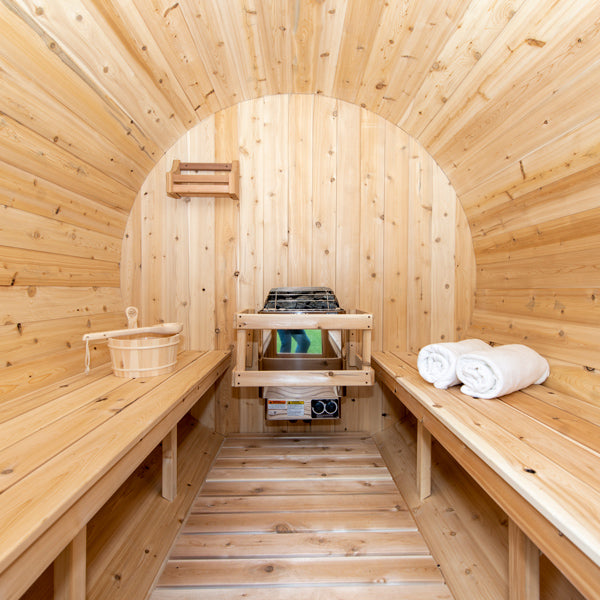 LeisureCraft CT Barrel Sauna interior looking toward the heater