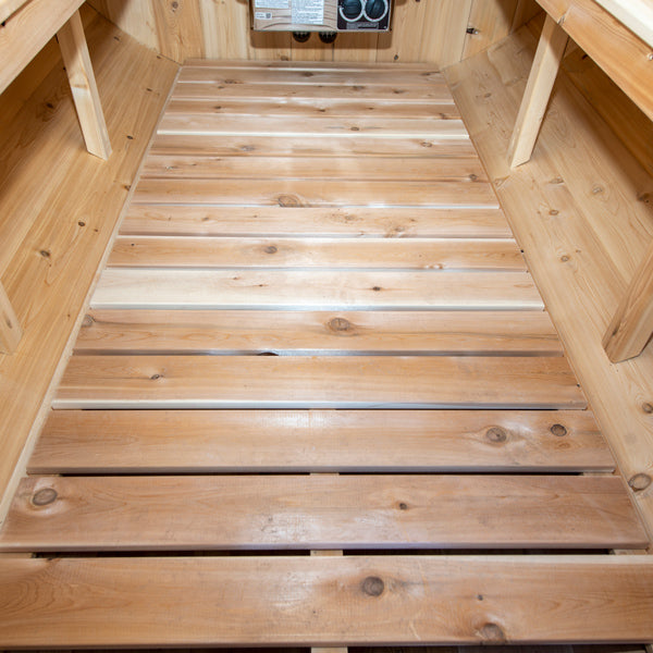 LeisureCraft CT Barrel Sauna interior floor and bench detail