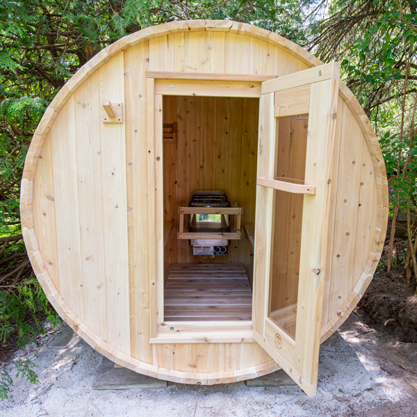 LeisureCraft CT Barrel Sauna with the door open