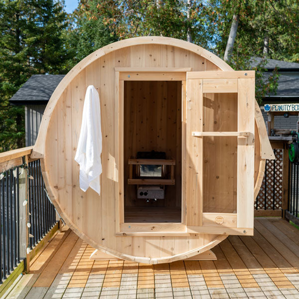 LeisureCraft CT Barrel Sauna on a deck with the door open