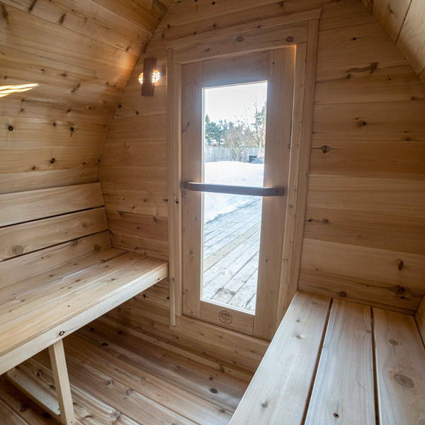 LeisureCraft CT MiniPOD Sauna interior looking toward the door