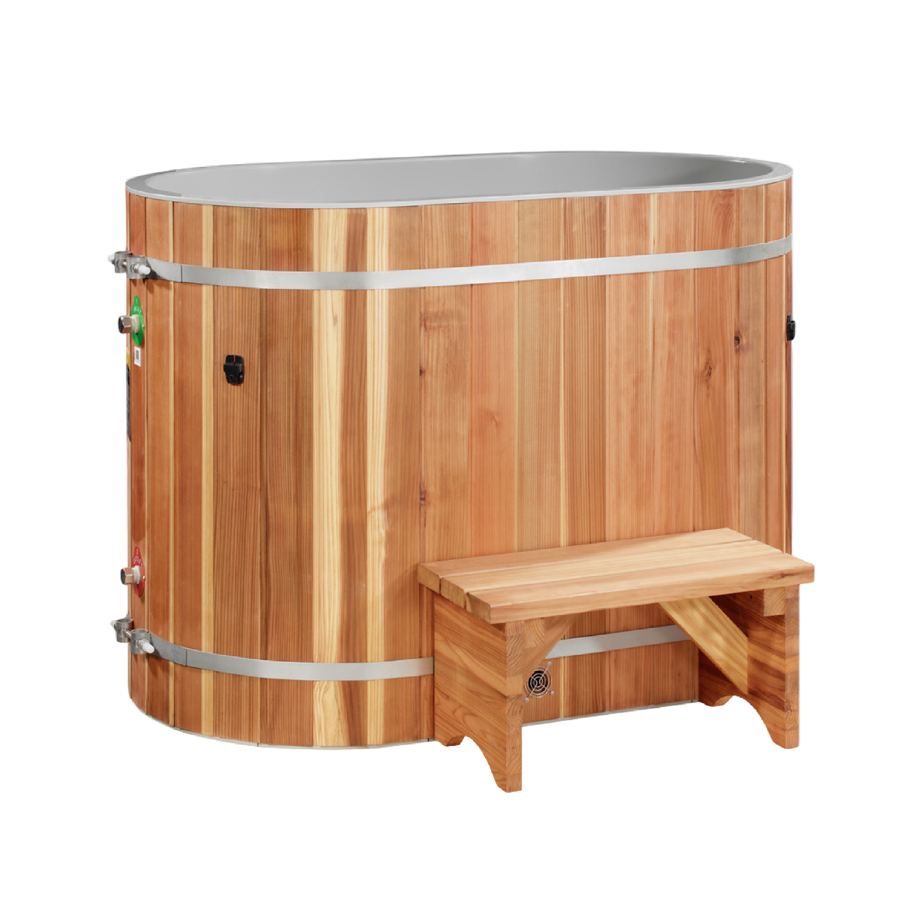 Oval barrel cold plunge tub, Pacific Cedar, with step
