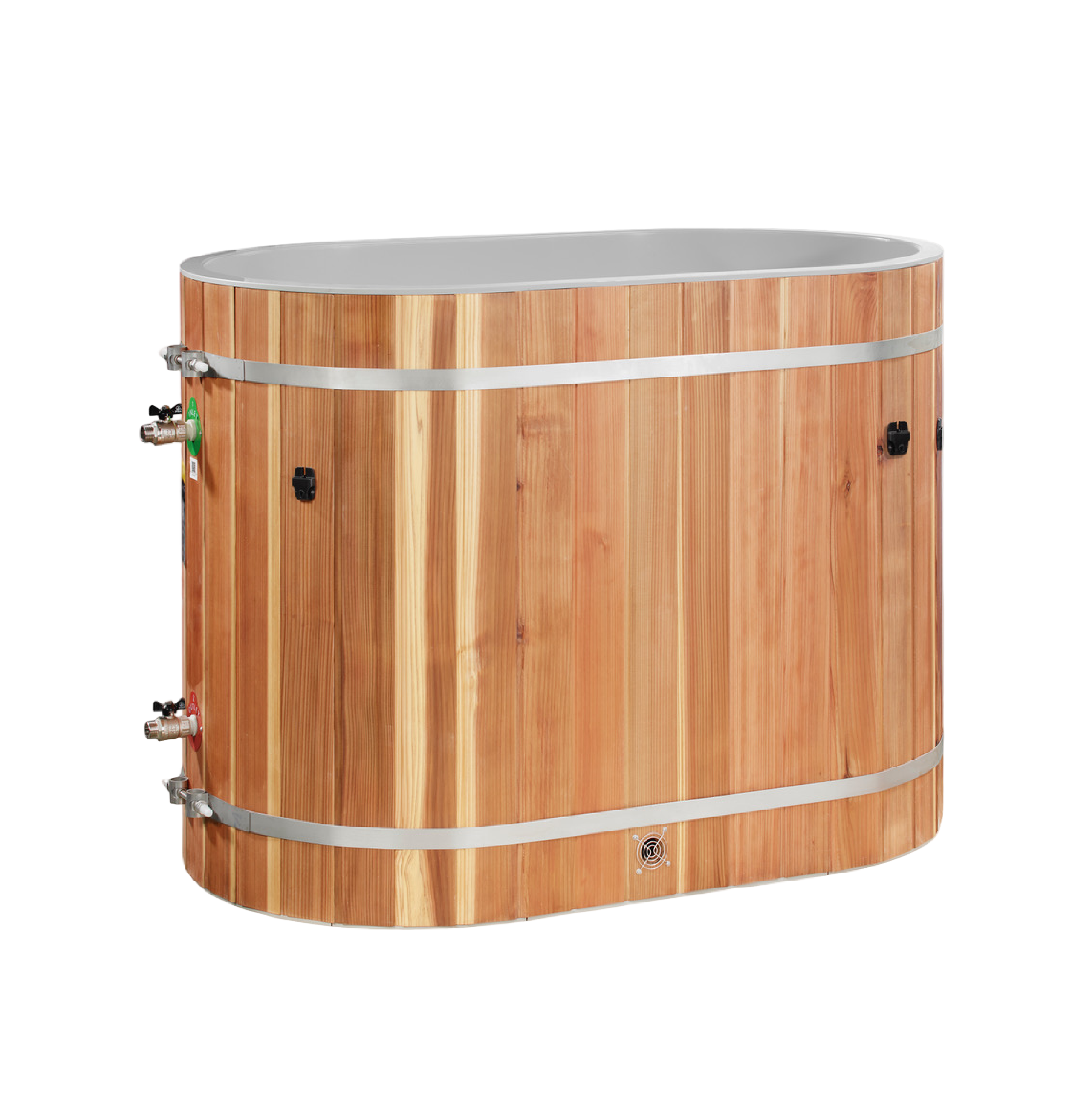 Oval barrel cold plunge tub showing 3/4 inch in-out valves