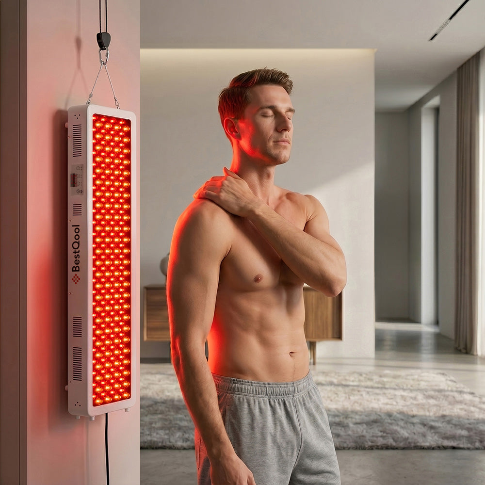 Bestqool Pro200 panel hung from its included door hook against a wall, in use at home