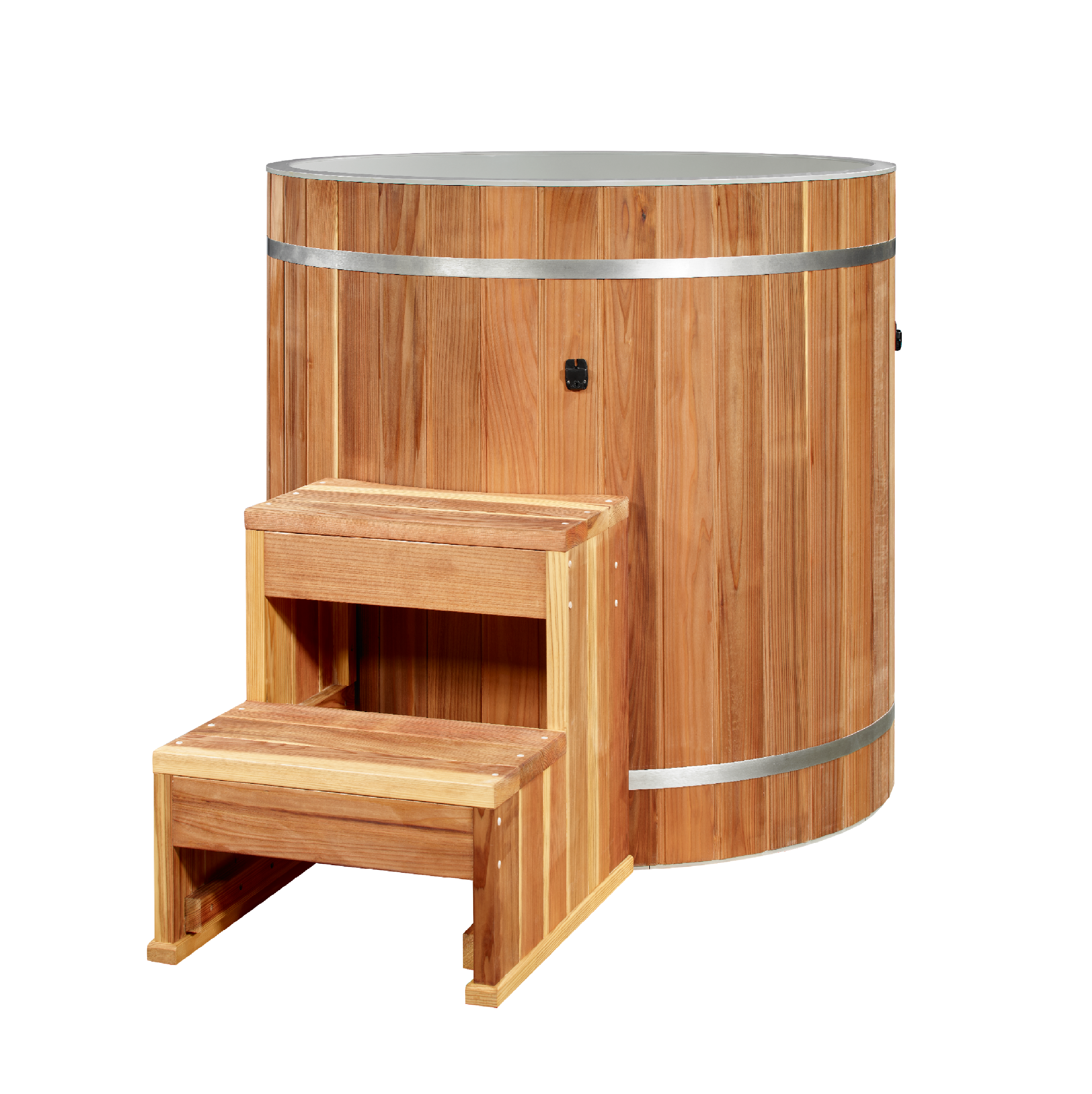 Dynamic Cold Therapy barrel cold plunge, plastic interior, Pacific Cedar, with step