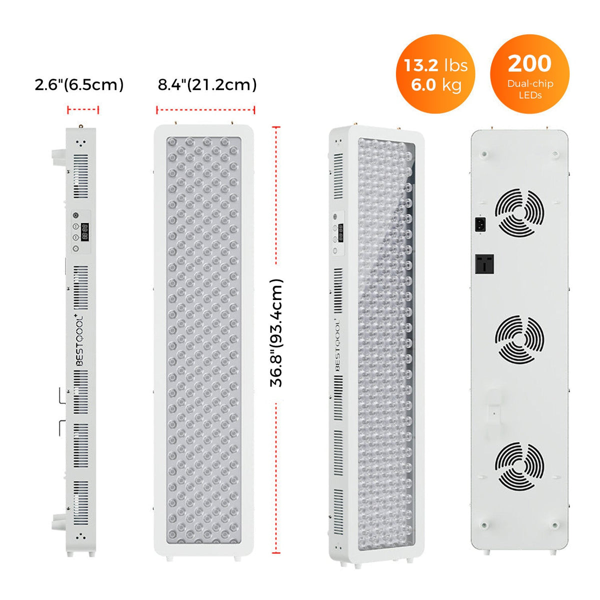 Bestqool Pro200 specifications: 36.8 by 8.4 by 2.6 inches, 13.2 pounds, 200 dual-chip LEDs, shown from four angles